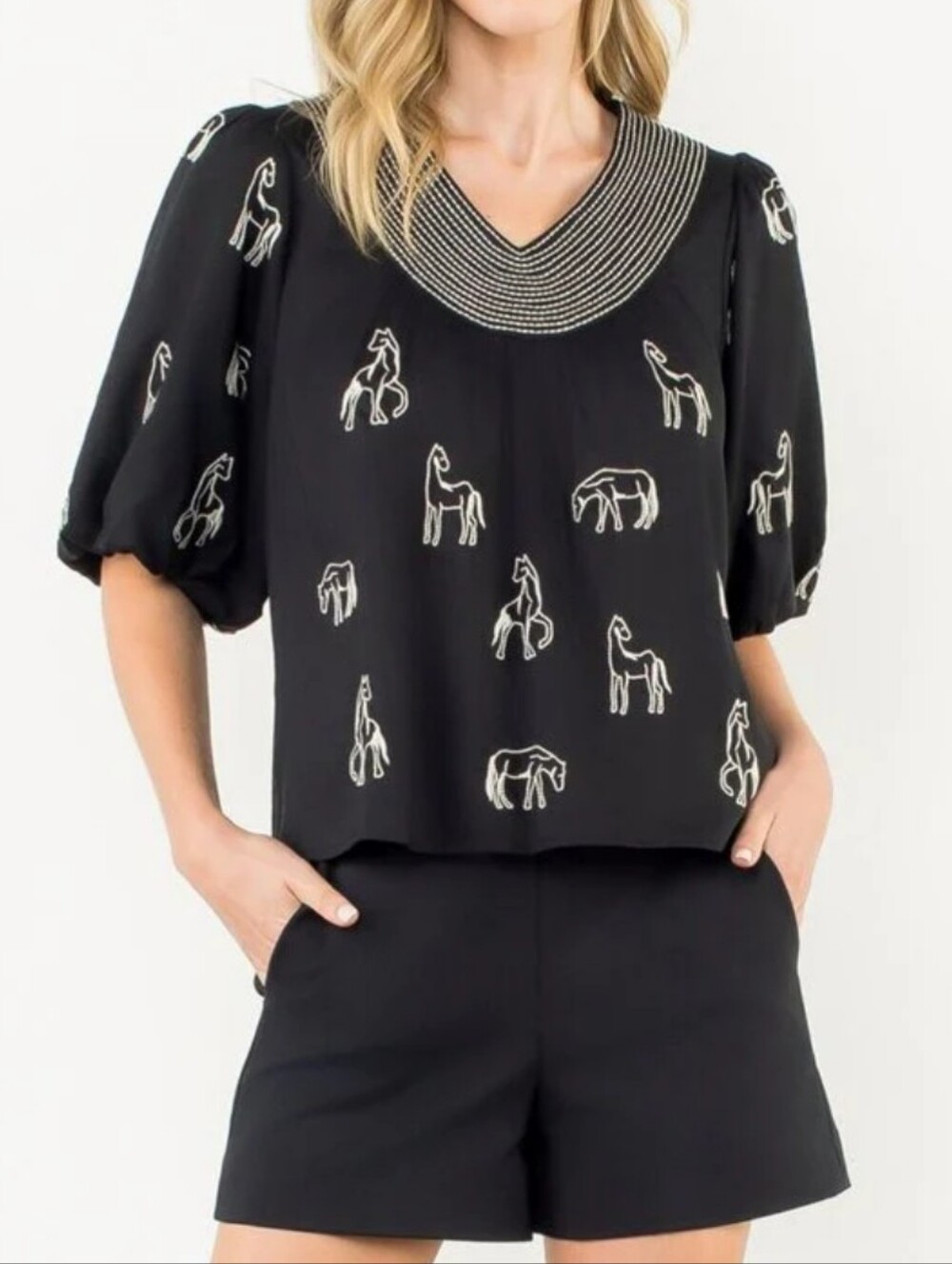 Adorable THML Black Embroidered Horse V-Neck, Sz. L.